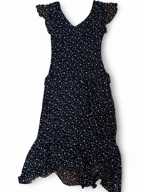 Silk Black Polka Dot V-Neck Ruffle fairy Midi Dress